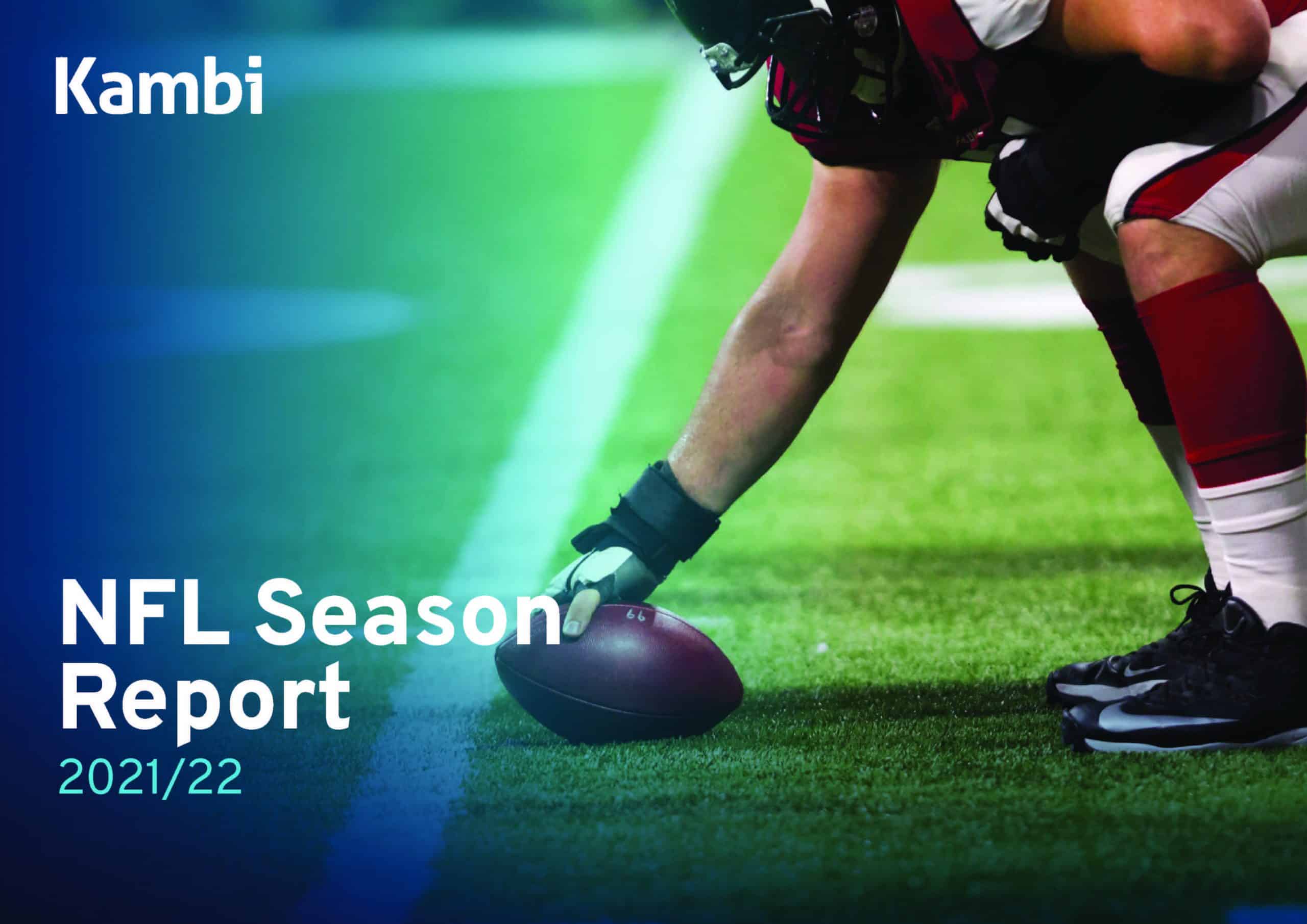 A graphic featuring the words 'NFL Season Report 2021/22' with a NFL player position with the ball in hand and touching the pitch grass.