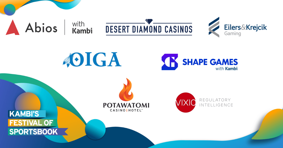 A graphic of Kambi's Festival of Sportbook partners, including Desert Diamond Casinos, Eilers&Krejcik, Oiga, Shape Games, Potawatomi Casino & Hotel, and Vixio.
