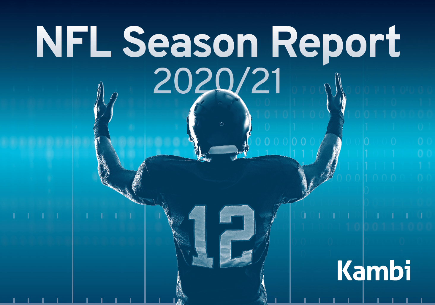 A graphic featuring the words 'NFL Season Report 2020/21' with a NFL player in the foreground and NFL pitch grid lines in the background 
